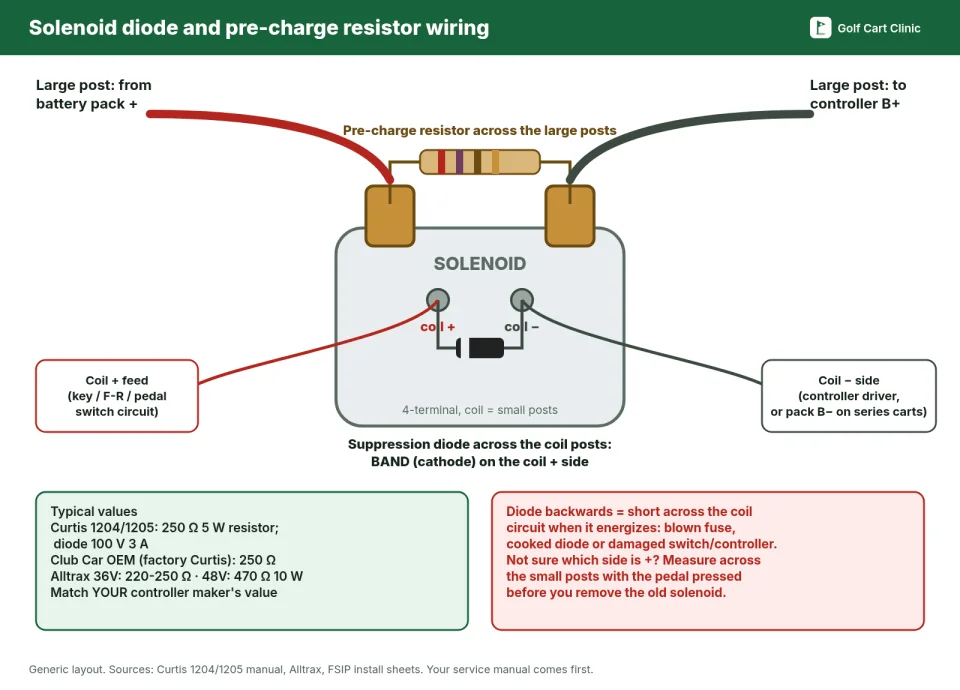 Wiring diagram of a 4-terminal golf cart solenoid: pre-charge resistor across the two large posts (pack positive in, controller B+ out) and a suppression diode across the two small coil posts with the banded end on the coil positive side