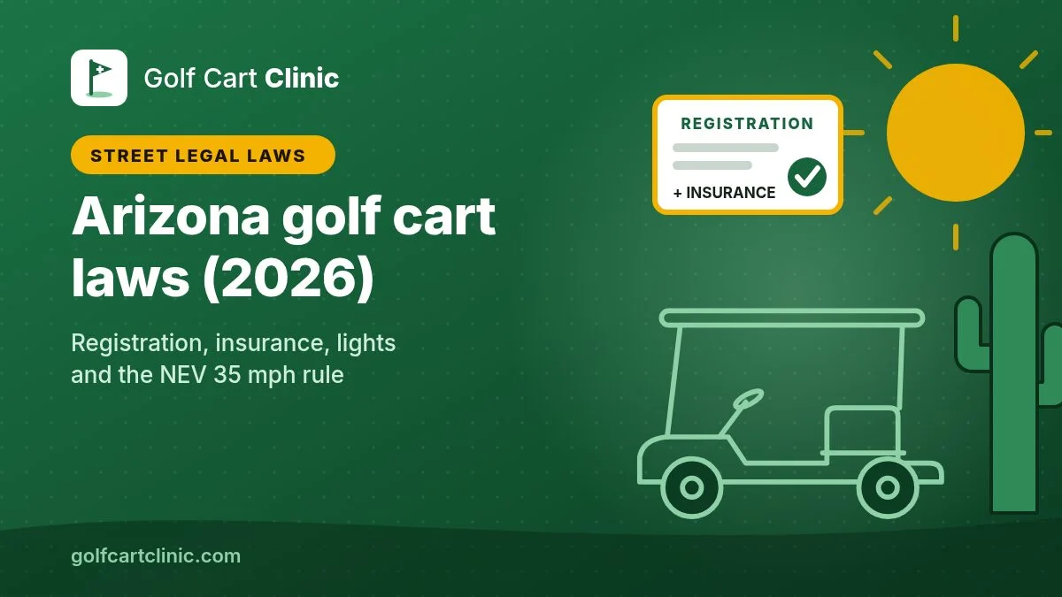 Illustration: a registration and insurance card with a check mark, a desert sun and a saguaro cactus next to a golf cart outline, titled Arizona golf cart laws (2026)