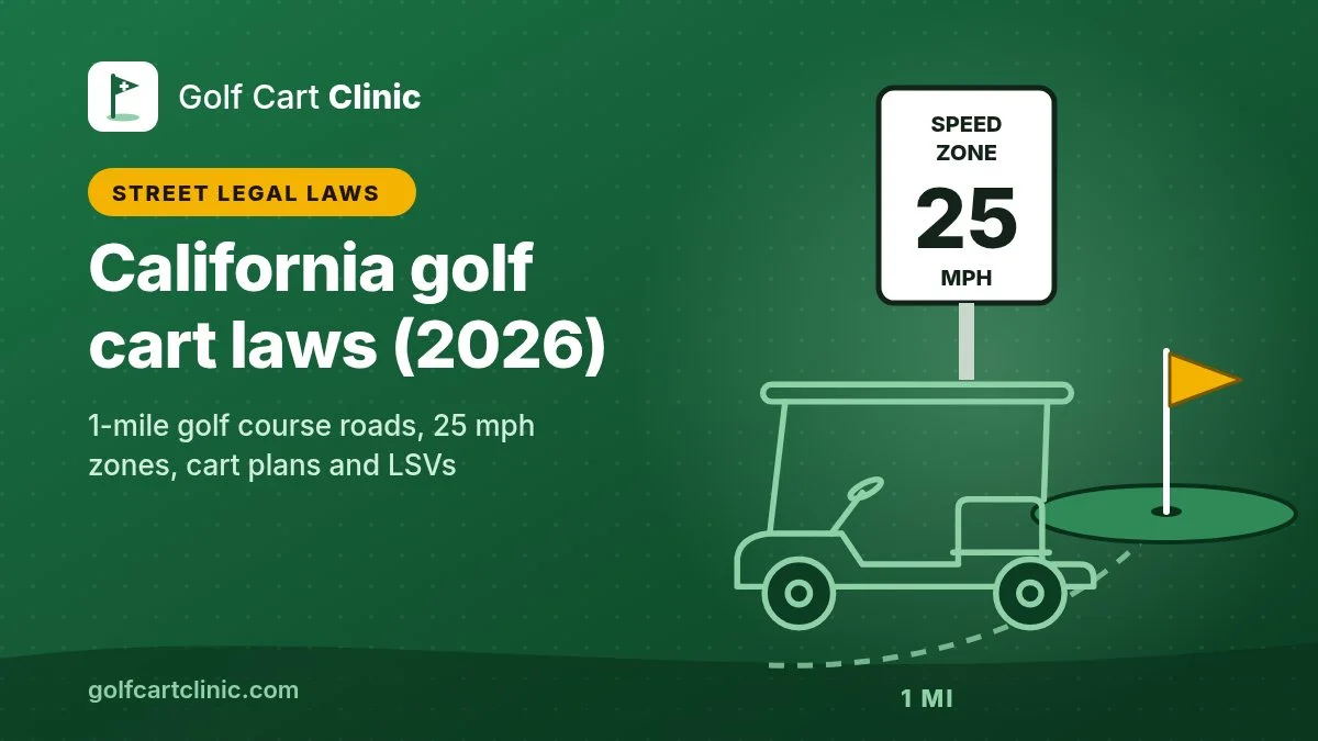 Illustration: a 25 mph speed zone sign, a golf flag on a green and a dashed 1-mile path next to a golf cart outline, titled California golf cart laws (2026)
