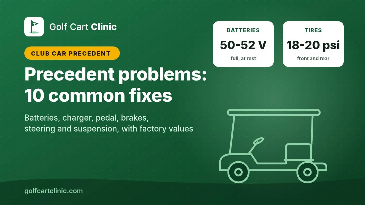 Illustration: a golf cart outline with cards showing a full battery pack at 50 to 52 volts and tires at 18 to 20 psi, for Club Car Precedent common problems