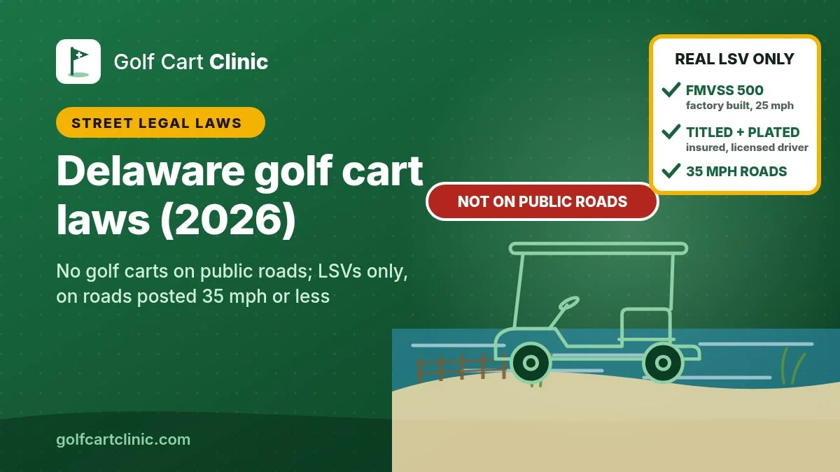 Illustration: a golf cart outline on a Delaware beach with an ocean band, dune fence and beach grass, a red not on public roads tag and a real LSV only card listing FMVSS 500, titled and plated, 35 mph roads, titled Delaware golf cart laws (2026)