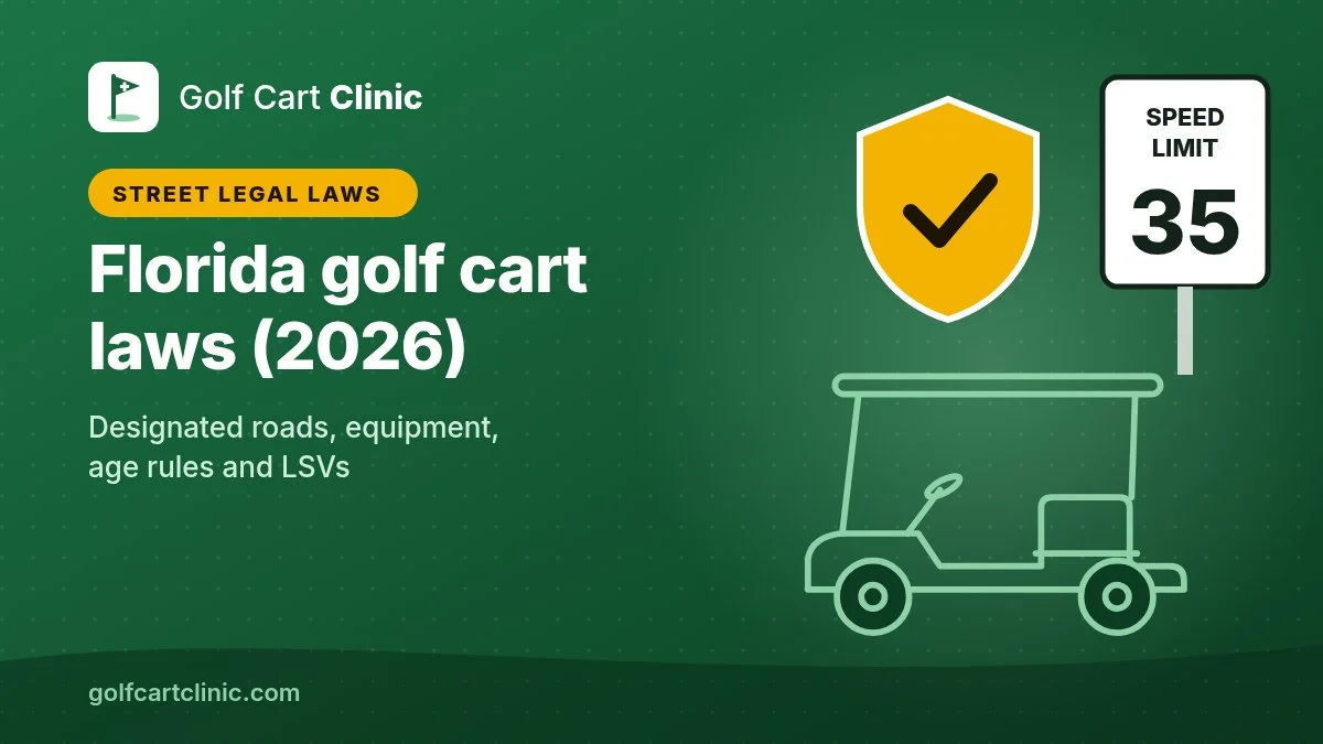 Illustration: a shield with a check mark and a 35 mph speed limit sign next to a golf cart outline, titled Florida golf cart laws (2026)