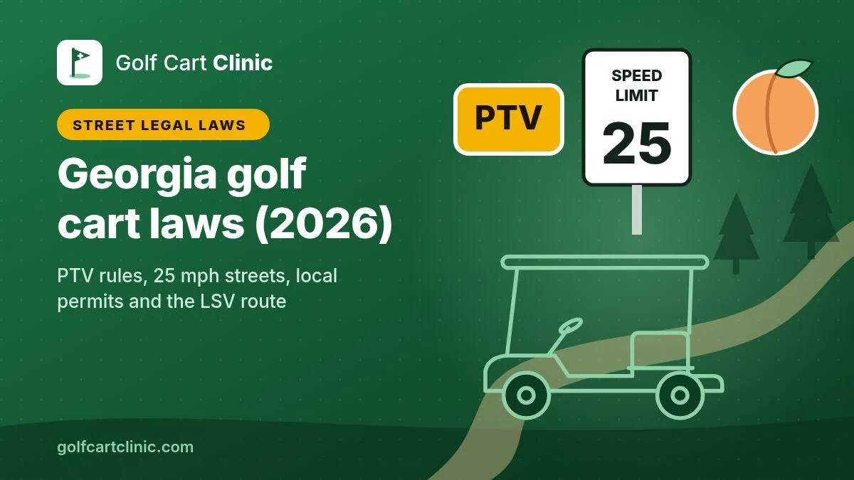 Illustration: a 25 mph speed limit sign, a PTV badge, a peach, pine trees and a winding cart path with a golf cart outline, titled Georgia golf cart laws (2026)