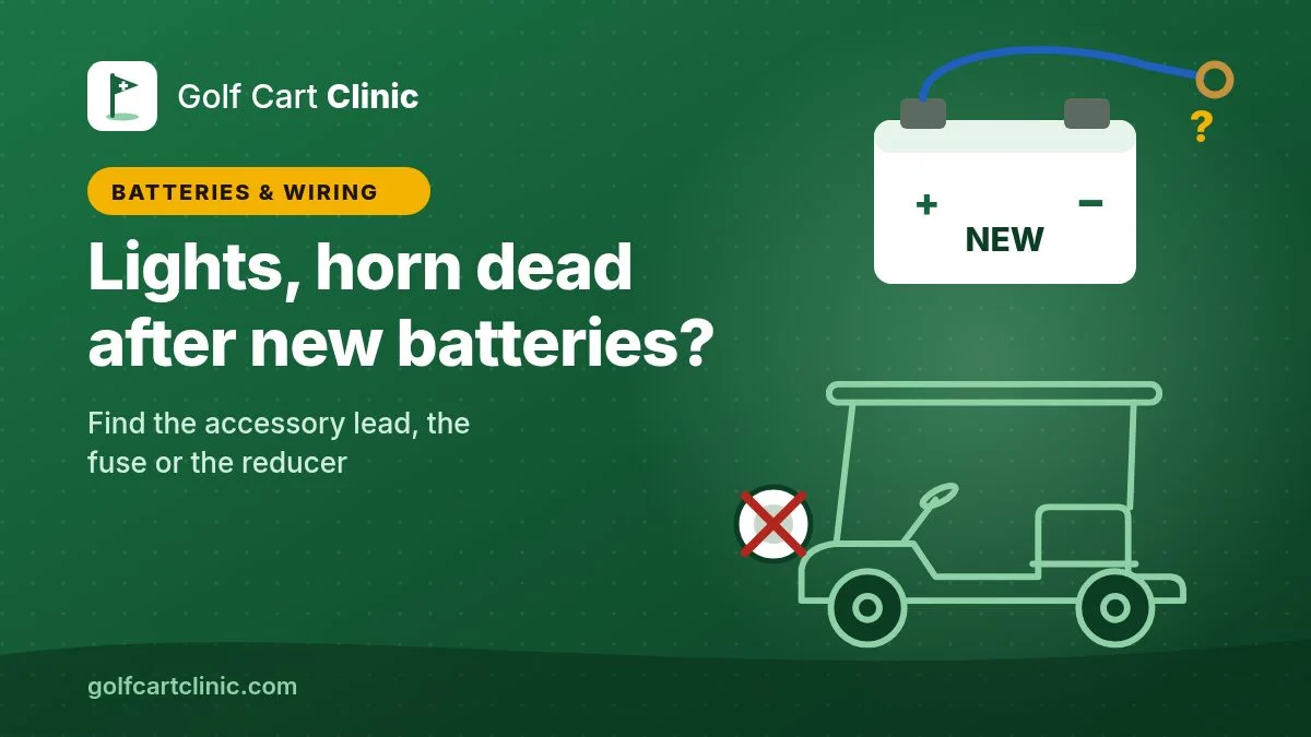 Illustration: a golf cart outline with a crossed-out headlight and a new battery with a loose blue accessory wire and ring terminal