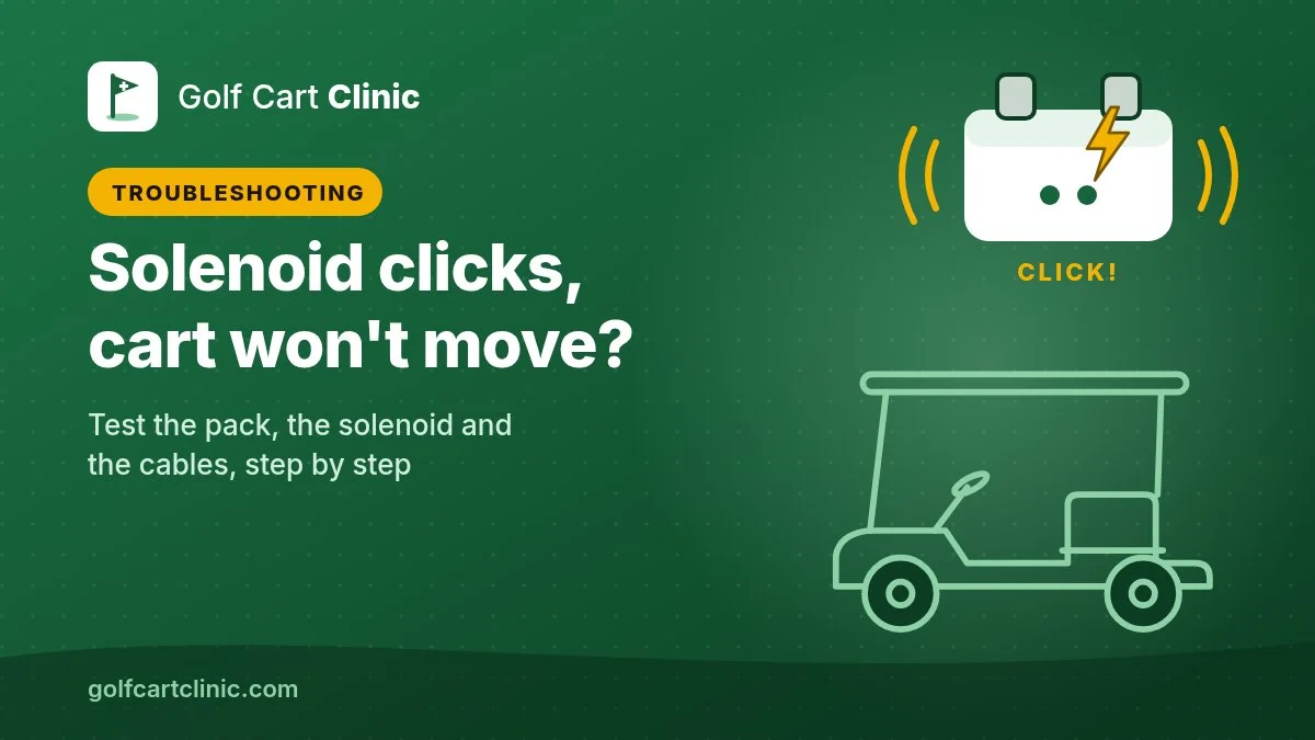 Illustration: a solenoid with a CLICK label next to a golf cart outline, titled Solenoid clicks, cart won't move?