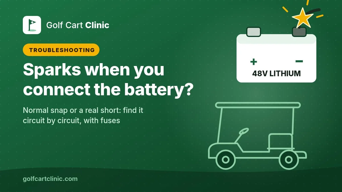 Illustration: a 48V lithium battery with a spark at its negative terminal next to a golf cart outline, titled Sparks when you connect the battery?