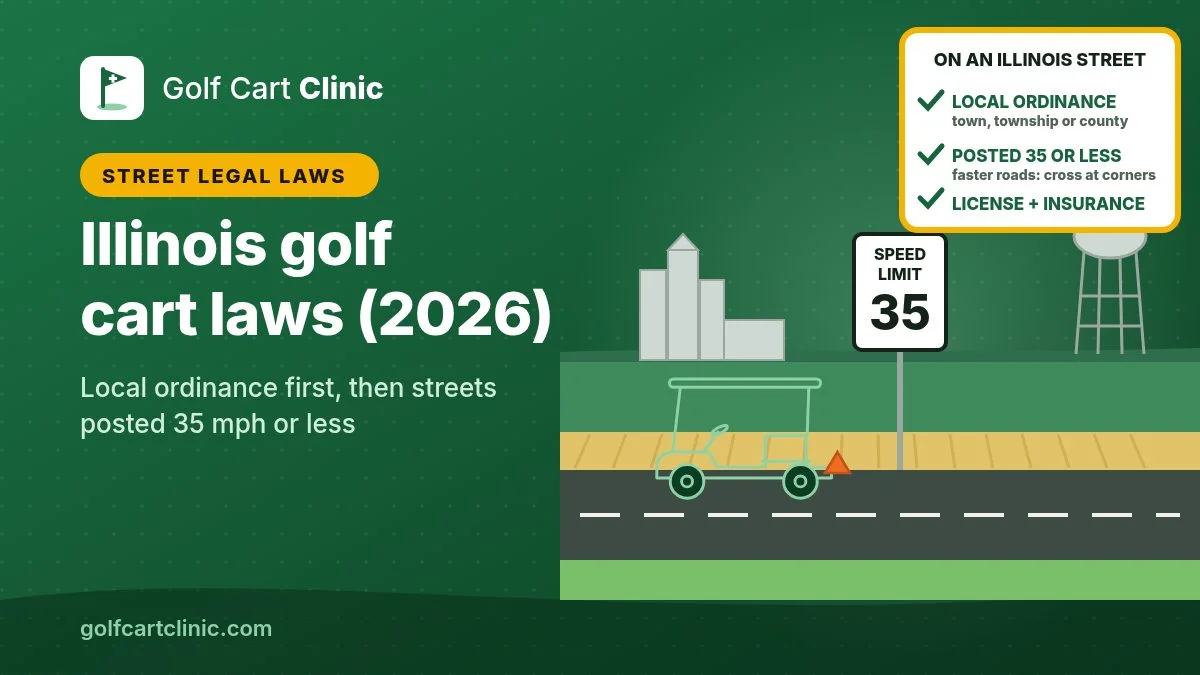 Illustration of a golf cart with an orange slow-moving vehicle triangle on a prairie town street beside a SPEED LIMIT 35 sign, with a grain elevator and water tower behind and a card listing Illinois street rules: local ordinance, streets posted 35 or les