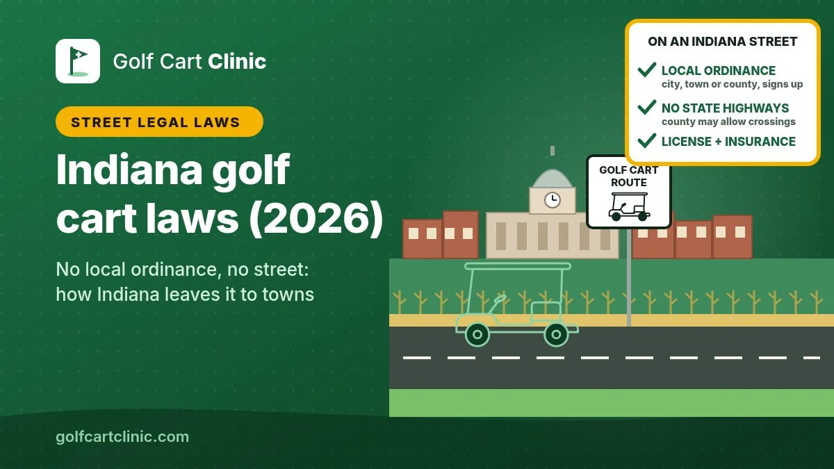 Illustration of a golf cart on a small-town street beside a white GOLF CART ROUTE sign, with a domed county courthouse, brick storefronts and corn rows behind and a card listing Indiana road rules: local ordinance, no state highways, license and insurance