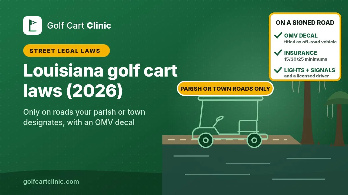 Illustration: a golf cart outline on a levee road beside a bayou with bald cypress trees and hanging moss, a parish or town roads only tag and a card listing OMV decal, insurance, lights and signals, titled Louisiana golf cart laws (2026)