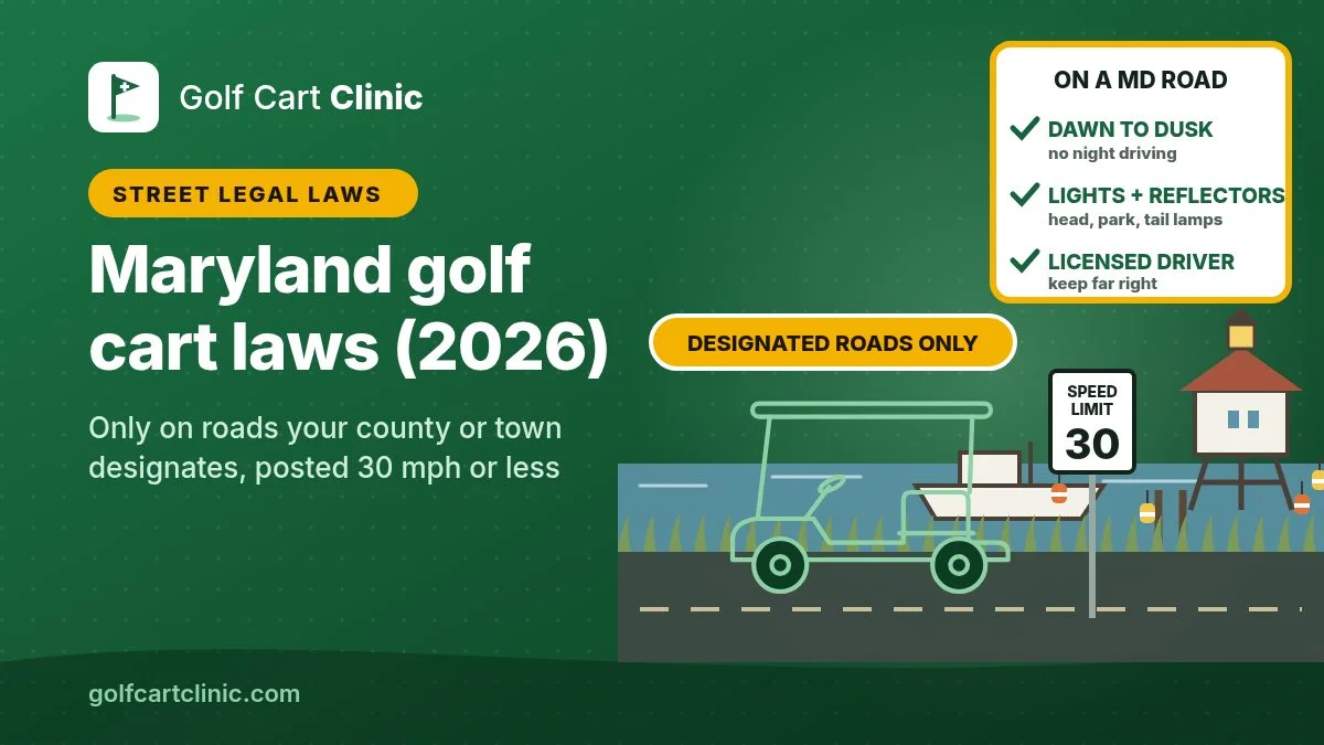 Illustration: a golf cart outline on a Chesapeake Bay waterfront road with a screwpile lighthouse, a workboat at a pier and crab pot buoys, beside a speed limit 30 sign, with a designated roads only tag and a card listing dawn to dusk, lights and reflecto