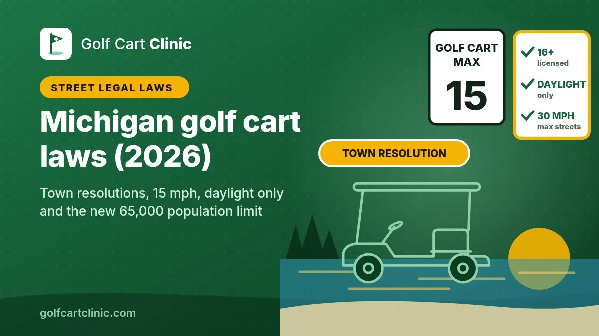 Illustration: a golf cart outline on a Great Lakes shoreline at sunset with pine trees, a town resolution tag, a golf cart 15 mph max sign and a 16+ licensed, daylight only, 30 mph streets checklist, titled Michigan golf cart laws (2026)