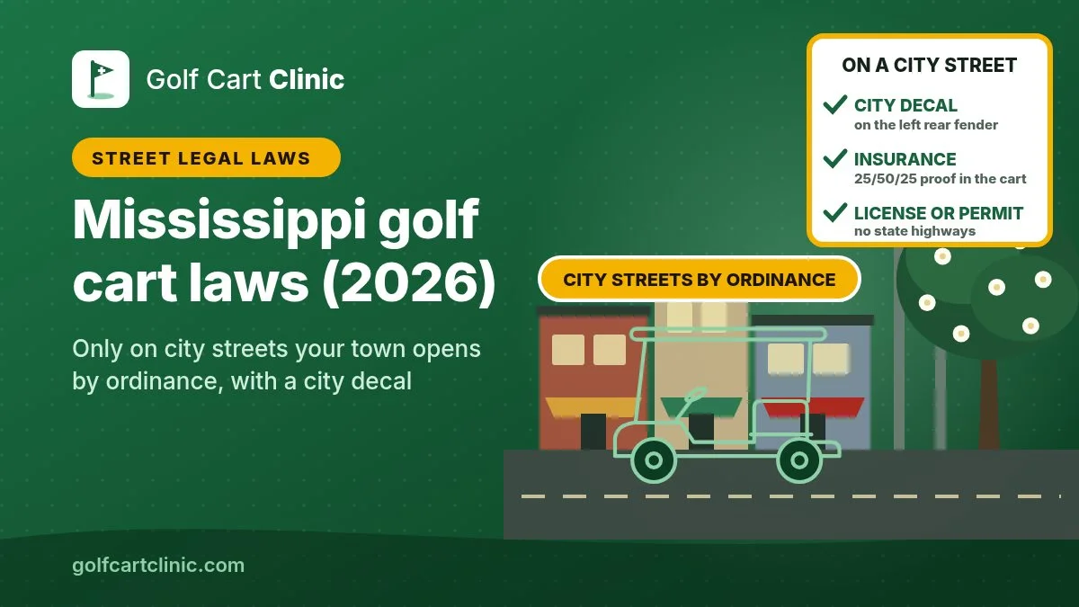 Illustration: a golf cart outline on a small-town main street with storefronts, a water tower and a magnolia tree in bloom, a city streets by ordinance tag and a card listing city decal on the left rear fender, 25/50/25 insurance and a license or permit,