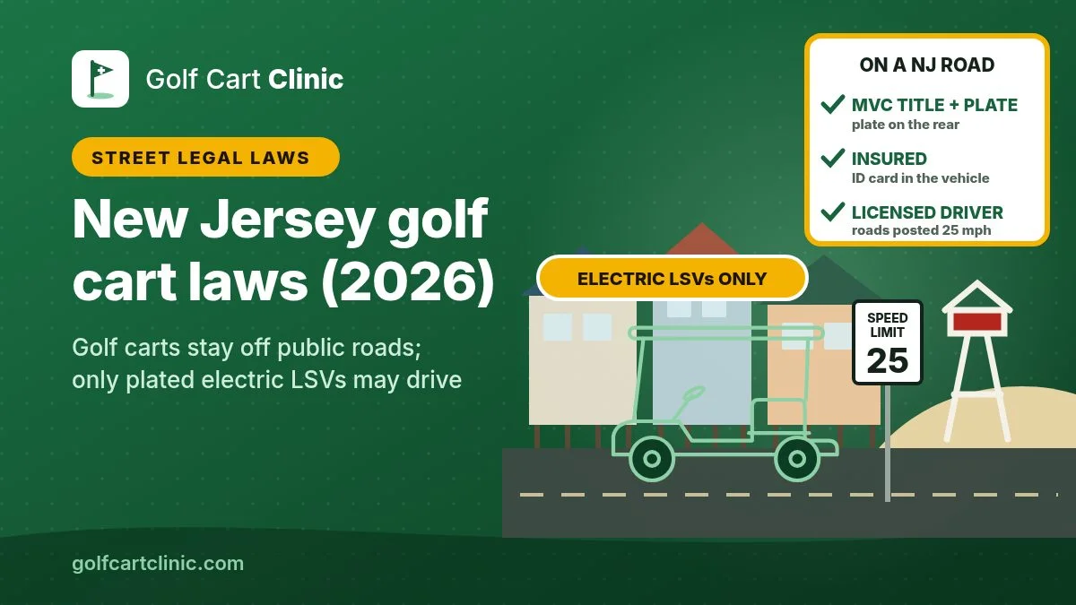 Illustration: a golf cart outline on a Jersey Shore street in front of beach houses on stilts, a lifeguard stand on the dune and a speed limit 25 sign, with an electric LSVs only tag and a card listing MVC title and plate, insurance and a licensed driver,