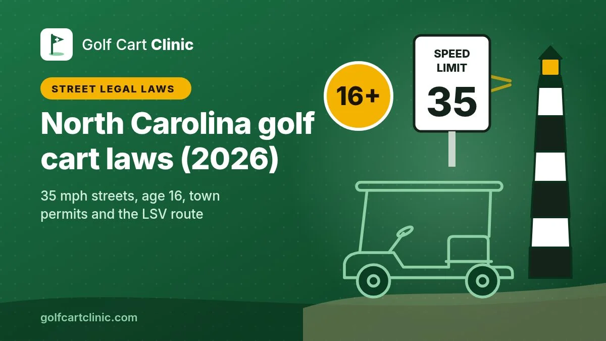 Illustration: a 35 mph speed limit sign, a 16+ age badge, a striped lighthouse on a dune and a golf cart outline, titled North Carolina golf cart laws (2026)