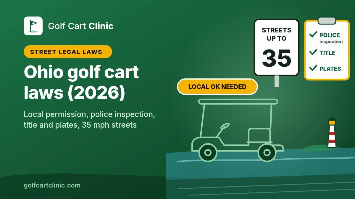 Illustration: a golf cart outline on a Lake Erie shoreline with a lighthouse, a local OK needed tag, a streets up to 35 mph sign and a police inspection, title and plates checklist, titled Ohio golf cart laws (2026)