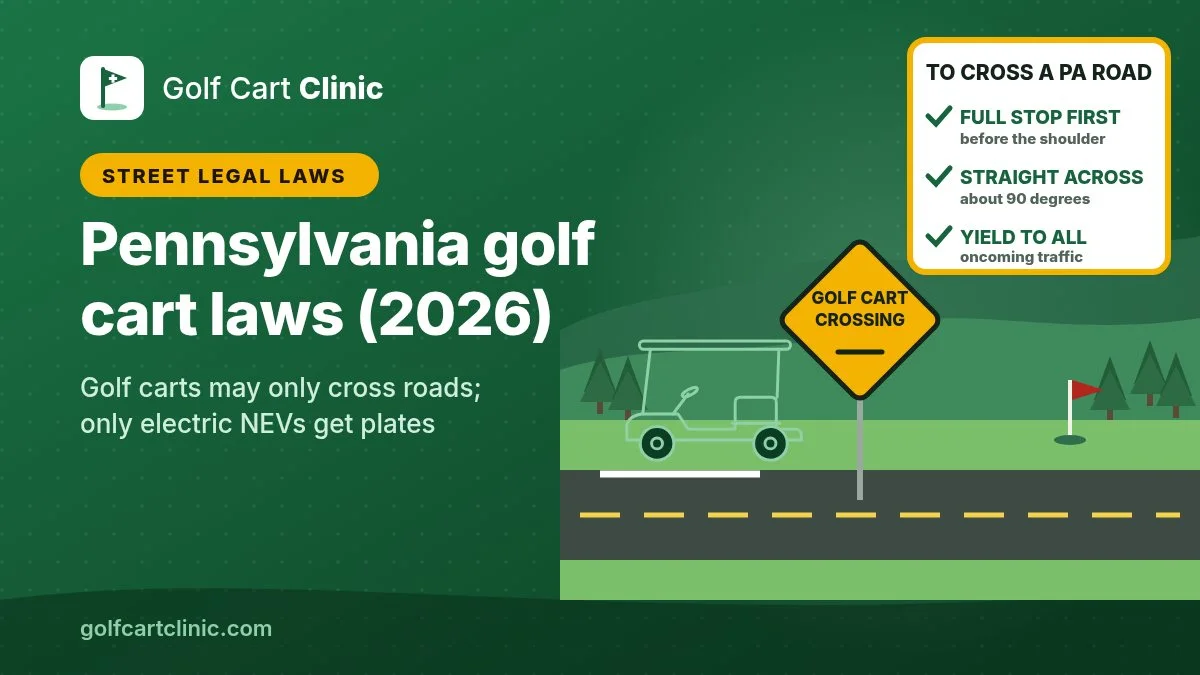 Illustration of a golf cart stopped behind a stop bar at a two-lane country road between fairways, a yellow diamond golf cart crossing sign, and a card listing Pennsylvania's crossing rules: full stop first, straight across, yield to all traffic