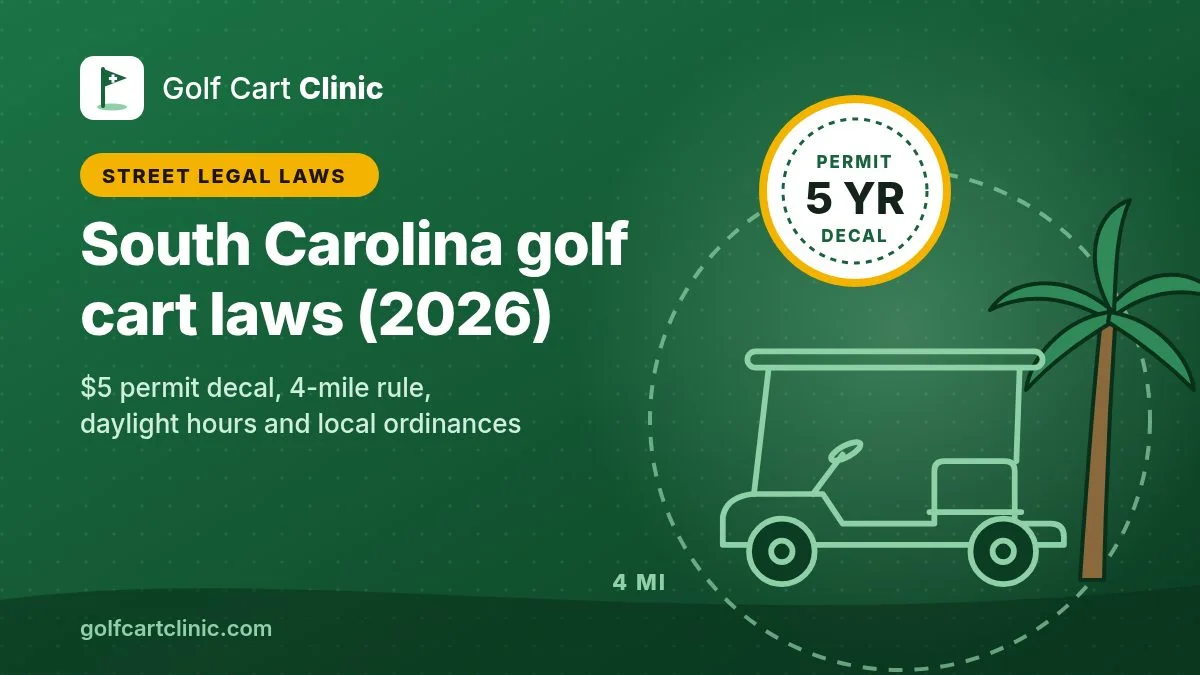 Illustration: a round golf cart permit decal marked 5 YR, a palm tree and a dashed 4-mile ring next to a golf cart outline, titled South Carolina golf cart laws (2026)