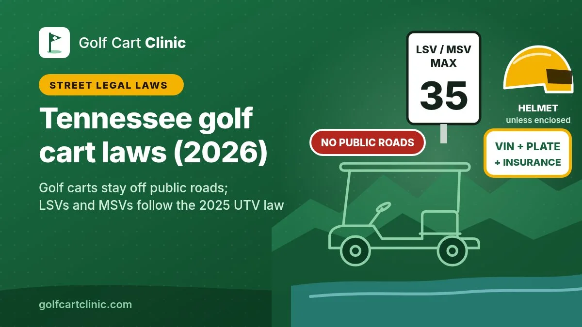 Illustration: a golf cart outline in front of layered Smoky Mountain ridges and a lake with a no public roads tag, an LSV/MSV 35 mph max sign, a helmet and a VIN, plate and insurance card, titled Tennessee golf cart laws (2026)