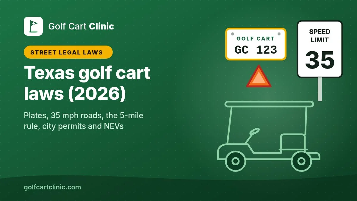 Illustration: a golf cart license plate, a slow-moving-vehicle triangle and a 35 mph speed limit sign next to a golf cart outline, titled Texas golf cart laws (2026)
